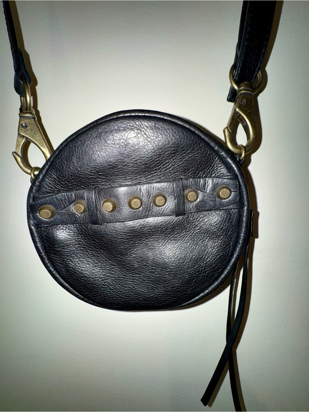 She+lo Small Black Leather Circular Crossbody Bag with Brass Details